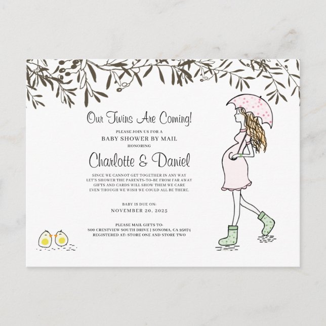 Postal De Invitación Gemelos Embarazados Mamá Con Paraguas (Anverso)