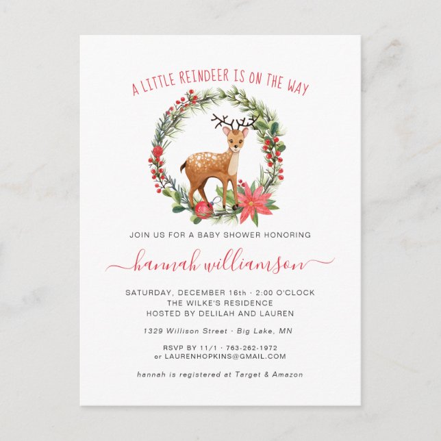 Postal De Invitación Género Neutral | Baby Shower de Navidades de renos (Anverso)