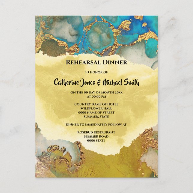 Postal De Invitación Geode faux moda de acuarela de cristal azul dorado (Anverso)