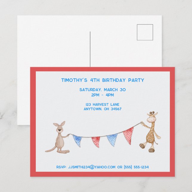 Postal De Invitación Giraffe y la fiesta de cumpleaños del Personalizab (Anverso / Reverso)