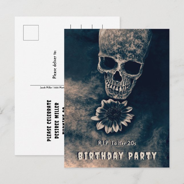 Postal De Invitación Girasol de cráneo gótico QEPD a sus 20 años (Anverso / Reverso)