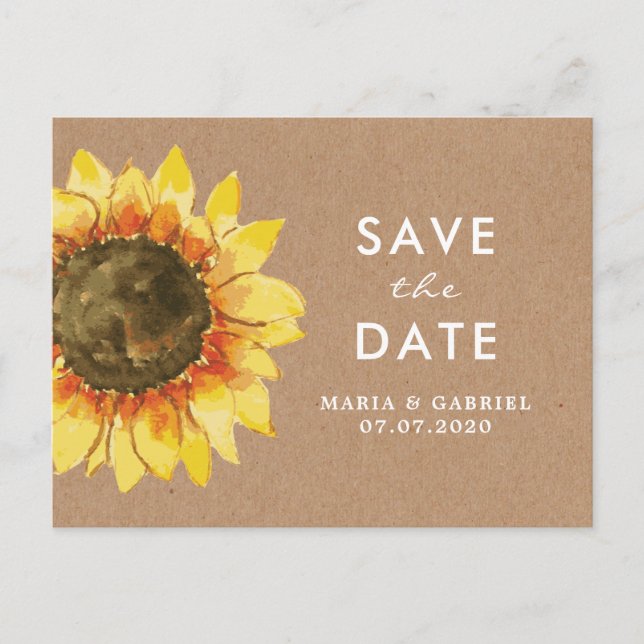 Postal De Invitación Girasol rústico. Boda de campo. Guárdame la fecha (Anverso)