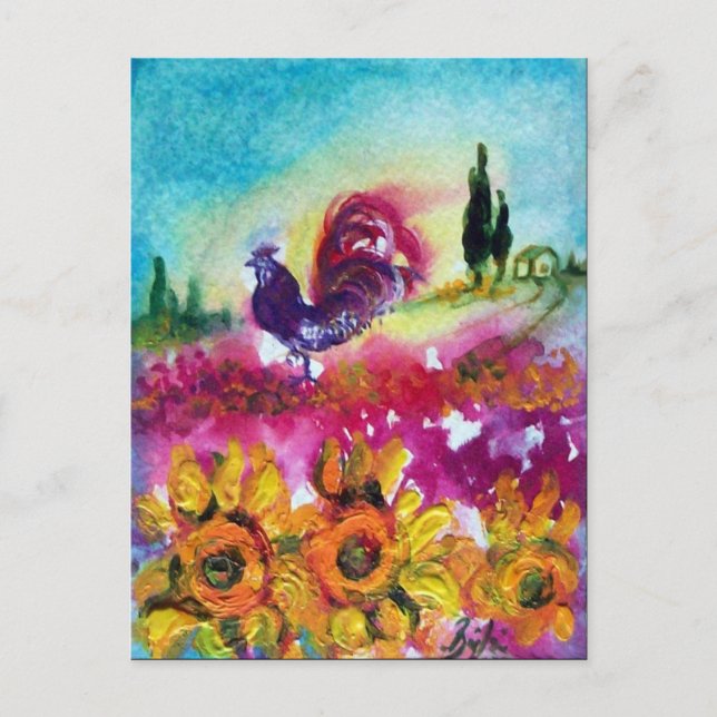 Postal De Invitación GIRASOLES Y GALLO NEGRO Campos de flores (Anverso)