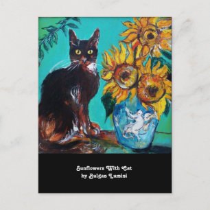 Postal De Invitación GIRASOLES Y GATO NEGRO EN AZUL TURQUESA Fiesta de 
