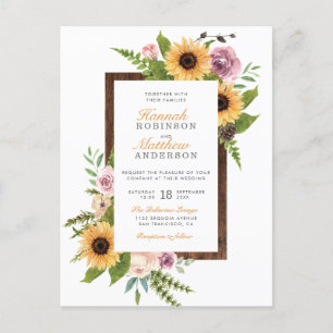 Postal De Invitación Girasoles y Rosas  Boda de campo de madera de gran