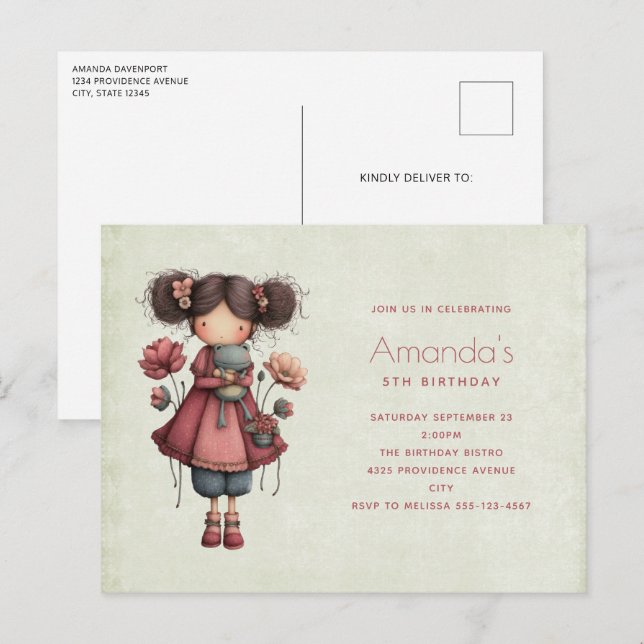 Postal De Invitación Girl with A Frog Doll Cute Whimsical Birthday (Anverso / Reverso)