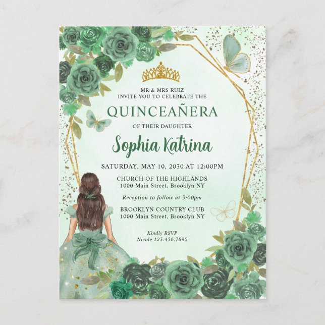 Postal De Invitación Girly Dusty Green Gold Floral Princesa Quinceañera (Anverso)