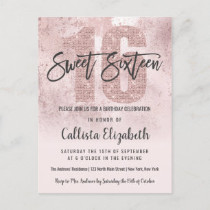 Postal De Invitación Girly Grunge Rosa Oro Purpurina Rosa Relieve metal
