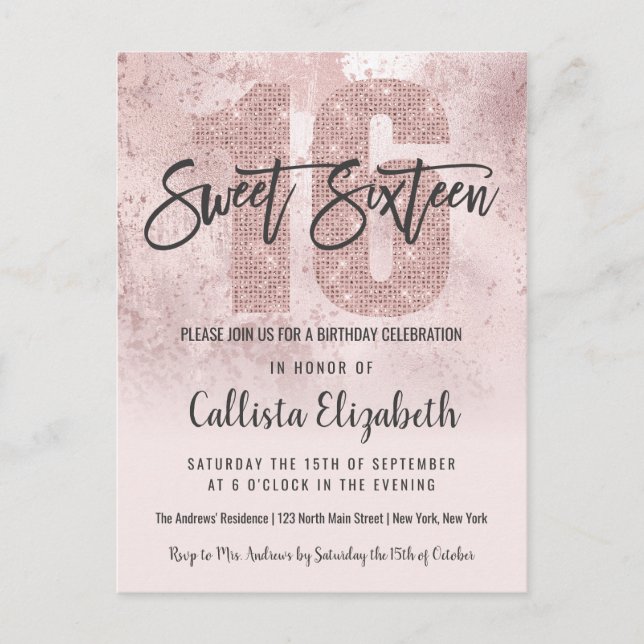 Postal De Invitación Girly Grunge Rosa Oro Purpurina Rosa Relieve metal (Anverso)