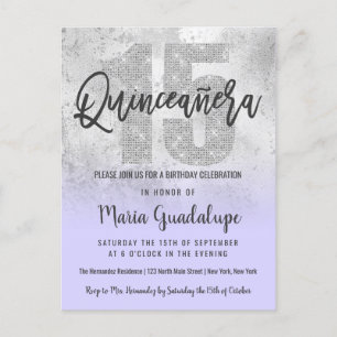 Postal De Invitación Girly Grunge Silver Lilac Purpurina Relieve metali