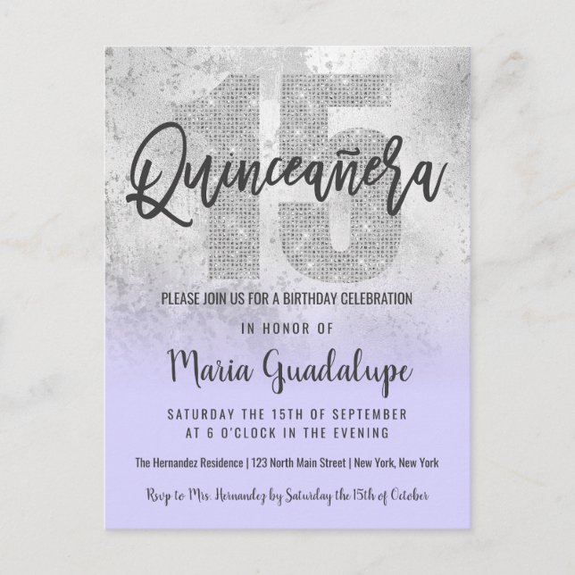 Postal De Invitación Girly Grunge Silver Lilac Purpurina Relieve metali (Anverso)