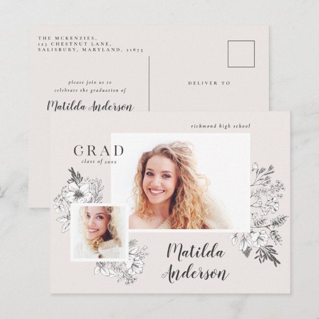 Postal De Invitación Girly multifoto floral elegante fiesta de graduaci (Anverso / Reverso)