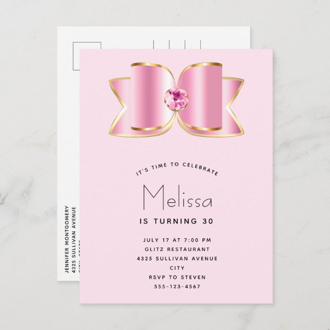 Postal De Invitación Glam Bow rosado con cumpleaños central de Gemstone (Anverso / Reverso)