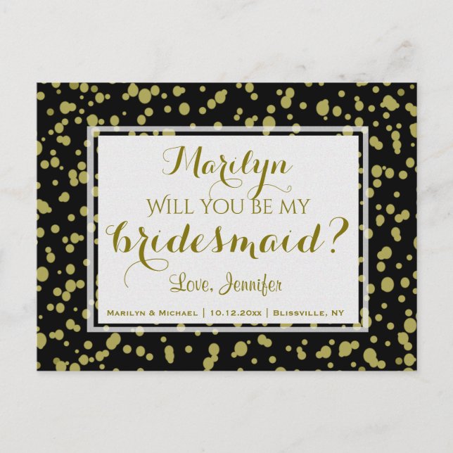 Postal De Invitación Glam dorado y negro | ¿Serás Mi Novia? (Anverso)