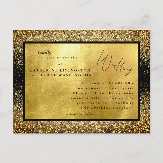 Postal De Invitación Glam Gold y Black Budget Boda (Anverso)