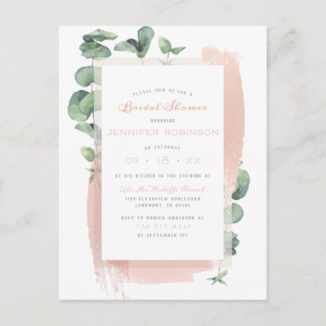 Postal De Invitación Glam Green Pintado Sprigs Botánica Bridal Shower (Anverso)