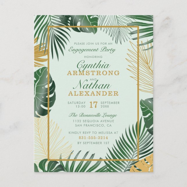 Postal De Invitación Glam Green Tropical deja partido de compromiso mod (Anverso)