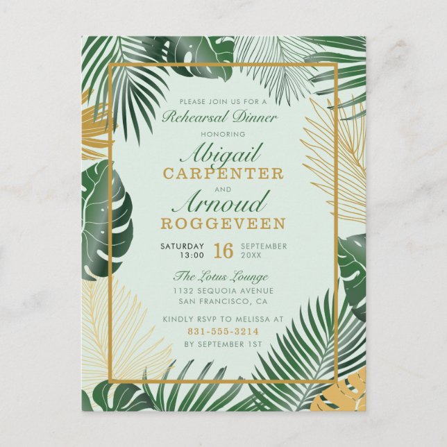 Postal De Invitación Glam Green Tropical Leaves Moderno Ensayo Cena (Anverso)