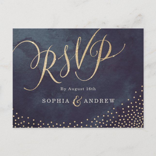 Postal De Invitación Glam night faux gold calligraphy purpurina RSVP (Anverso)