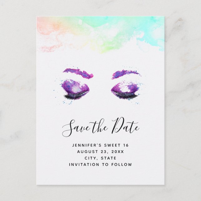 Postal De Invitación Glam Purple Eyes & Brows acuarela Save the Date (Anverso)