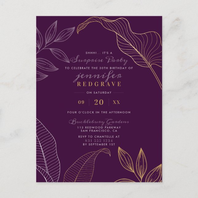 Postal De Invitación Glam Purple & Gold deja Fiesta de sorpresa moderna (Anverso)