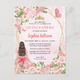 Postal De Invitación Glam Rubor Pink Gold Floral Princesa Quinceañera