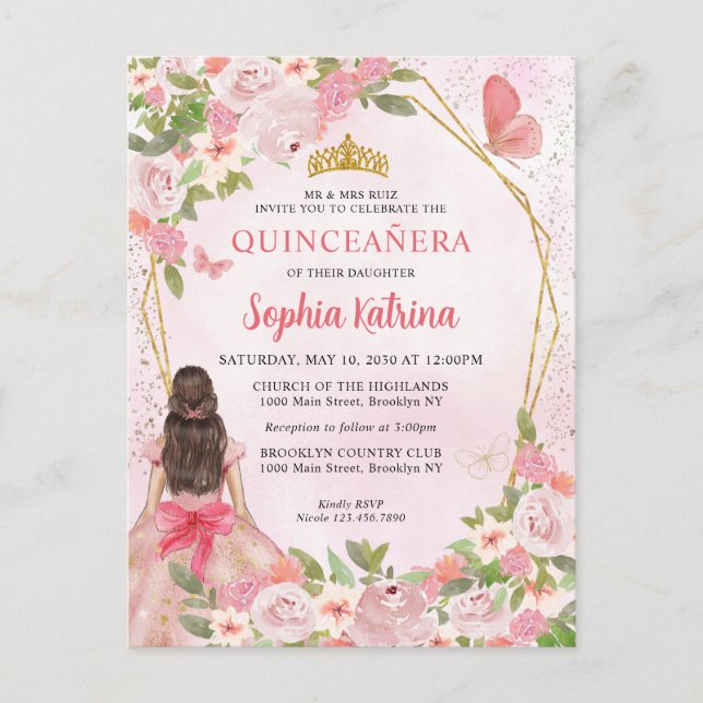 Postal De Invitación Glam Rubor Pink Gold Floral Princesa Quinceañera (Anverso)