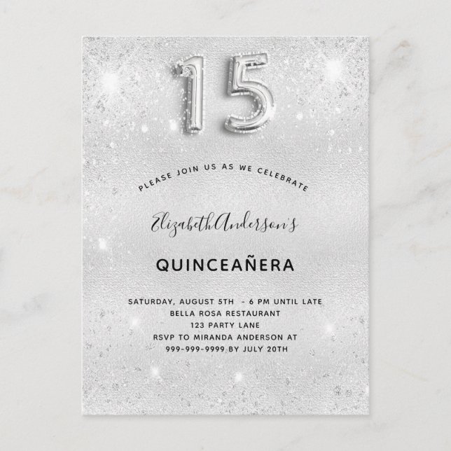 Postal De Invitación Glamoroso purpurina plateado de Quinceanera (Anverso)