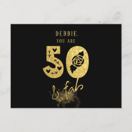 Postal De Invitación Glamoroso Virtual Black y Gold 50 & Fab Birthday