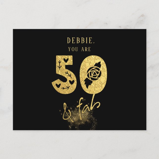Postal De Invitación Glamoroso Virtual Black y Gold 50 & Fab Birthday (Anverso)