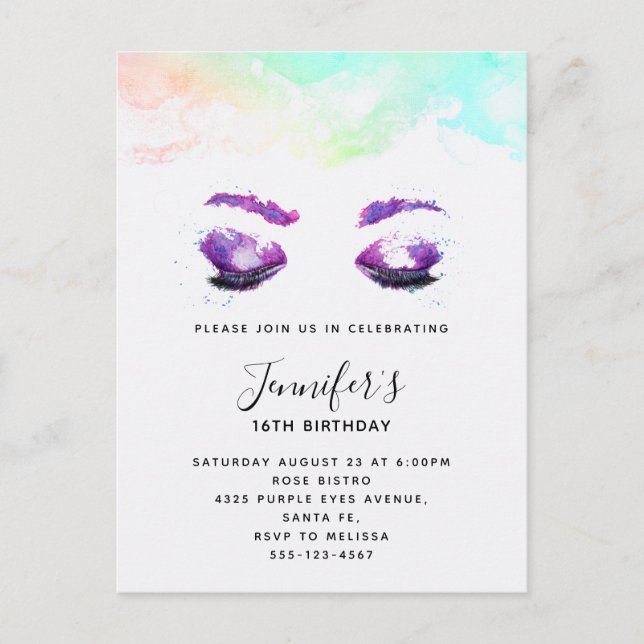 Postal De Invitación Glamorosos ojos púrpuros y brotes acuarela Cumplea (Anverso)
