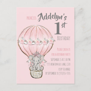 Postal De Invitación Globo aerostático de elefante princesa rosa
