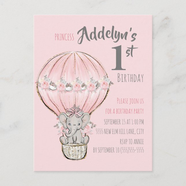 Postal De Invitación Globo aerostático de elefante princesa rosa (Anverso)
