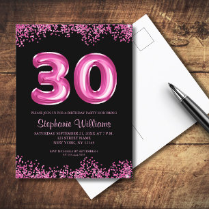 Postal De Invitación Globo de Relieve metalizado rosa negro Glam 30 Fie