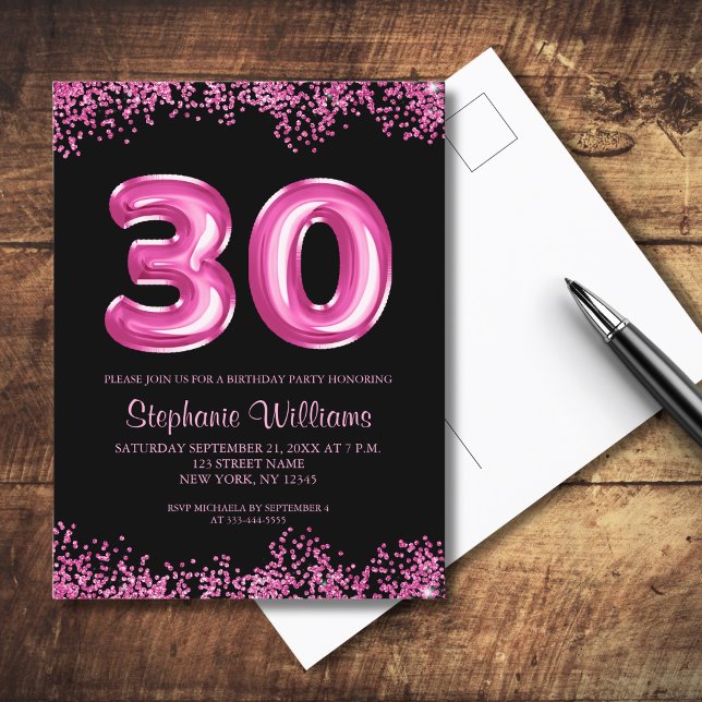 Postal De Invitación Globo de Relieve metalizado rosa negro Glam 30 Fie (Personalize with your party details.  Matching items available in collection)