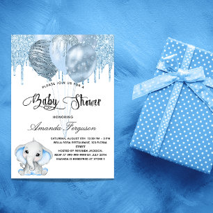 Postal De Invitación Globos azules para elefantes de Baby Shower