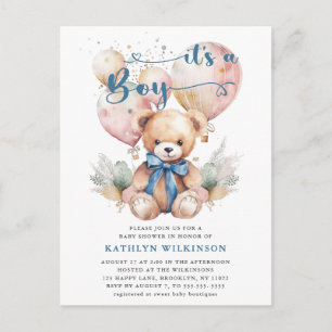 Postal De Invitación Globos azules Teddy Bear Cute Boy Baby Shower