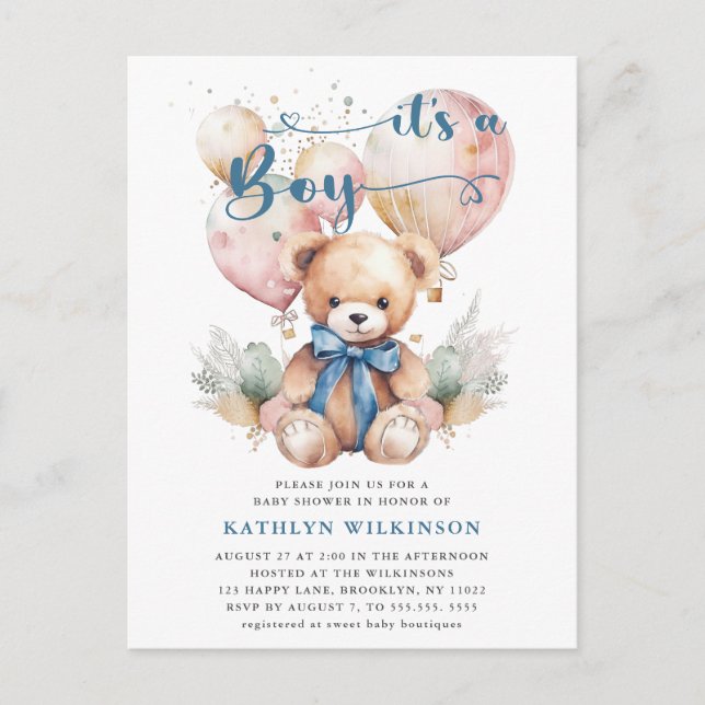 Postal De Invitación Globos azules Teddy Bear Cute Boy Baby Shower (Anverso)