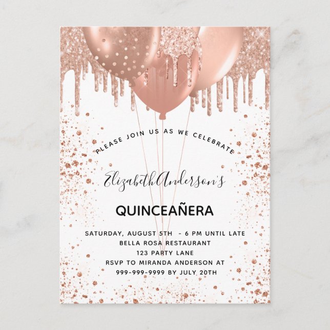 Postal De Invitación Globos blancos de oro rosa Quinceanera (Anverso)