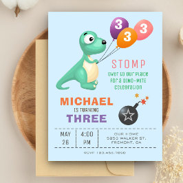 Postal De Invitación Globos Coloridos Cumpleaños Fiesta Dinosaurio Ador