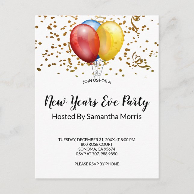 Postal De Invitación Globos Confetti Festividad Año Nuevo Fiesta (Anverso)