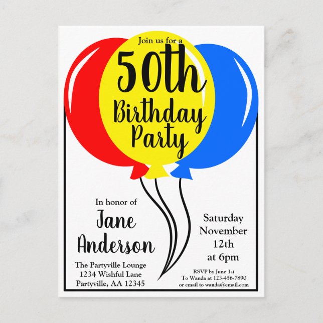 Postal De Invitación Globos de cumpleaños coloridos Quinta (Anverso)