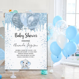 Postal De Invitación Globos de elefante purpurina azul de Baby Shower