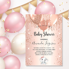 Postal De Invitación Globos de elefantes rosa purpurina de oro de Baby 