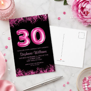 Postal De Invitación Globos de Lámina Rosa Negro Glam para Fiesta de Cu