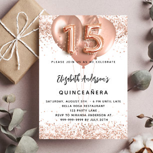 Postal De Invitación Globos de oro rosa Quinceanera blanco