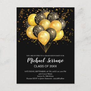 Postal De Invitación Globos Negros De Oro Y Partido De Graduación De Co