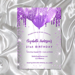 Postal De Invitación Globos purpurinas púrpura de plata de cumpleaños g