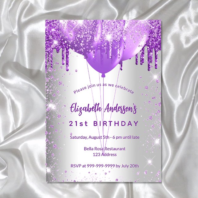 Postal De Invitación Globos purpurinas púrpura de plata de cumpleaños g (Subido por el creador)