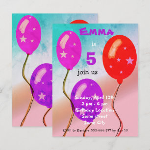 Postal De Invitación Globos rojos morados Cumpleaños de niños Fiesta 
